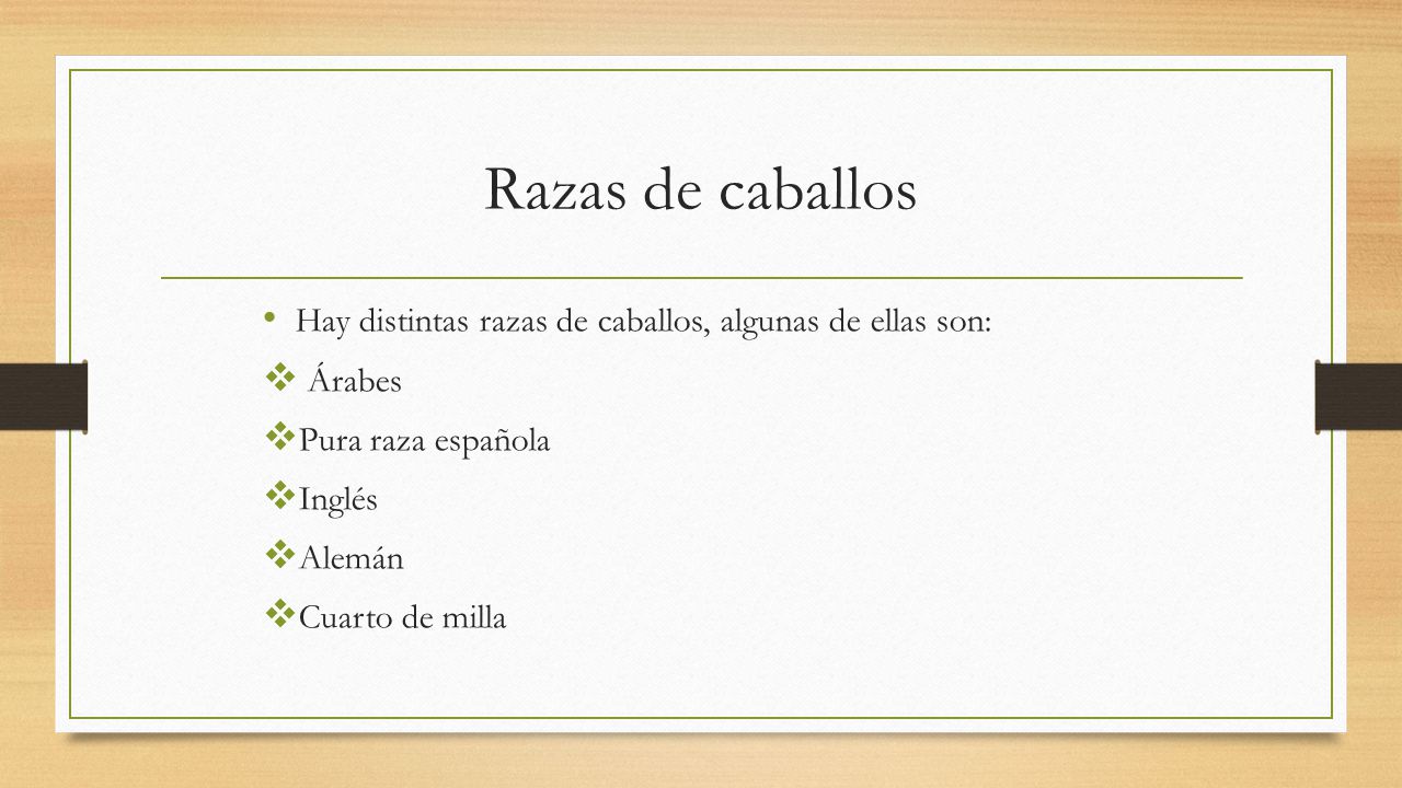 Razas de caballos Hay distintas razas de caballos, algunas de ellas son: Árabes. Pura raza española.