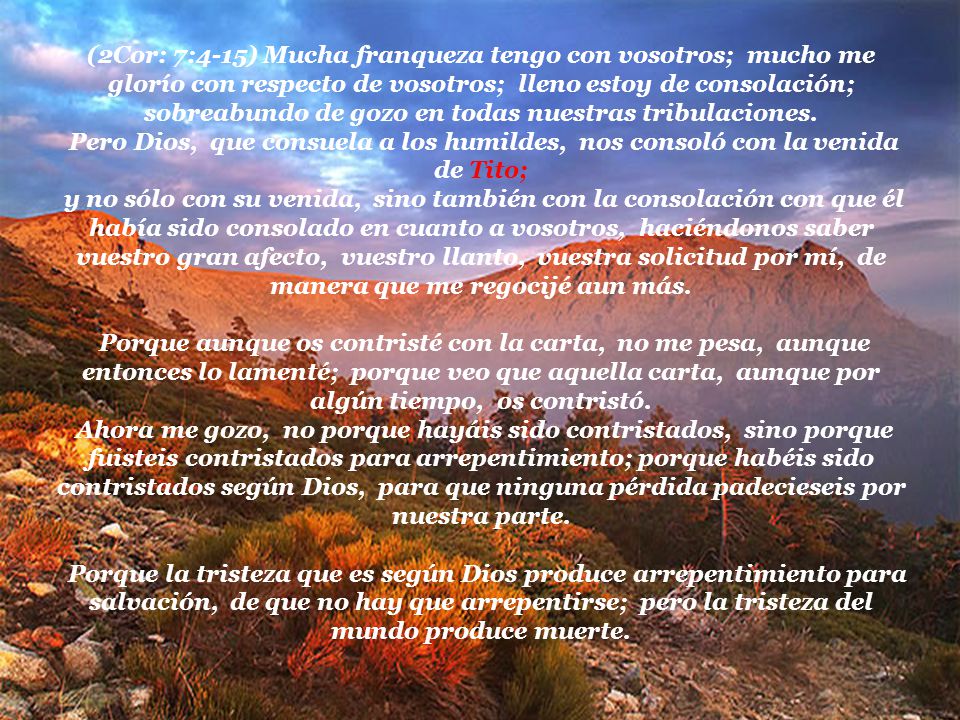 (2Cor: 7:4-15) Mucha franqueza tengo con vosotros; mucho me glorío con respecto de vosotros; lleno estoy de consolación; sobreabundo de gozo en todas nuestras tribulaciones.
