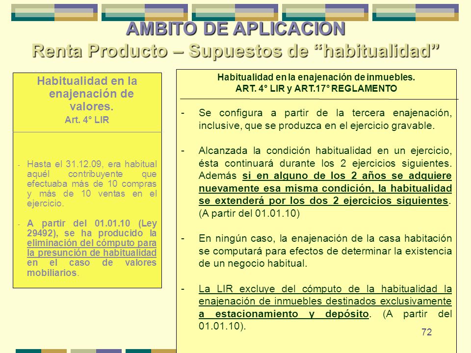 AMBITO DE APLICACION Renta Producto – Supuestos de habitualidad