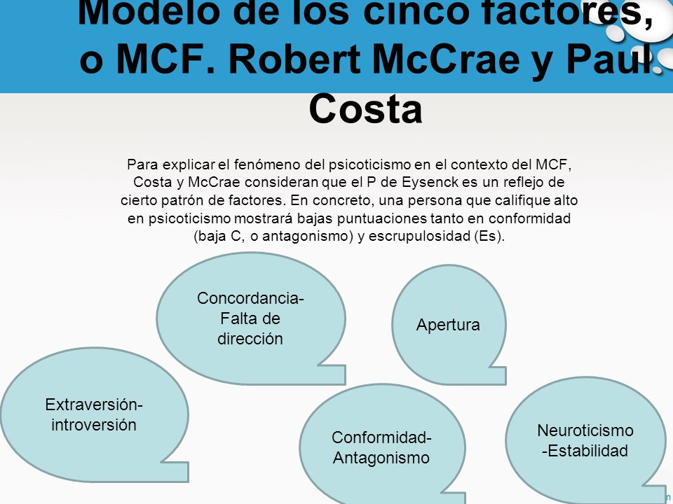 Modelo de los cinco factores, o MCF. Robert McCrae y Paul Costa