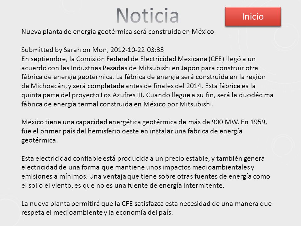Noticia Inicio. Nueva planta de energía geotérmica será construída en México. Submitted by Sarah on Mon, :33.