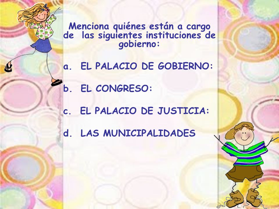 Menciona quiénes están a cargo de las siguientes instituciones de gobierno: