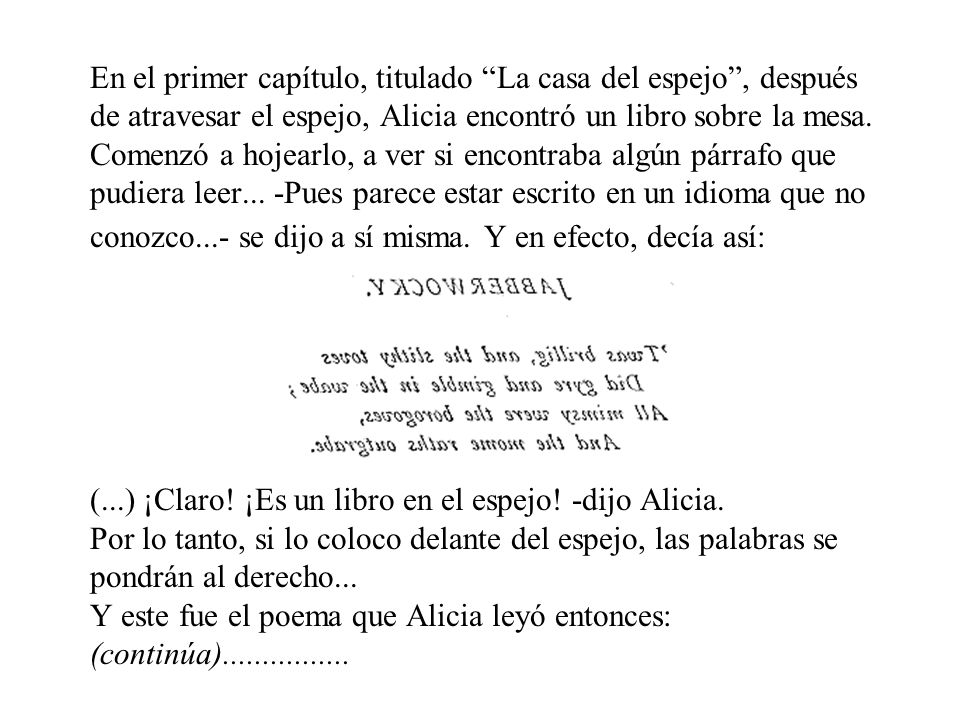 En el primer capítulo, titulado La casa del espejo , después de atravesar el espejo, Alicia encontró un libro sobre la mesa.
