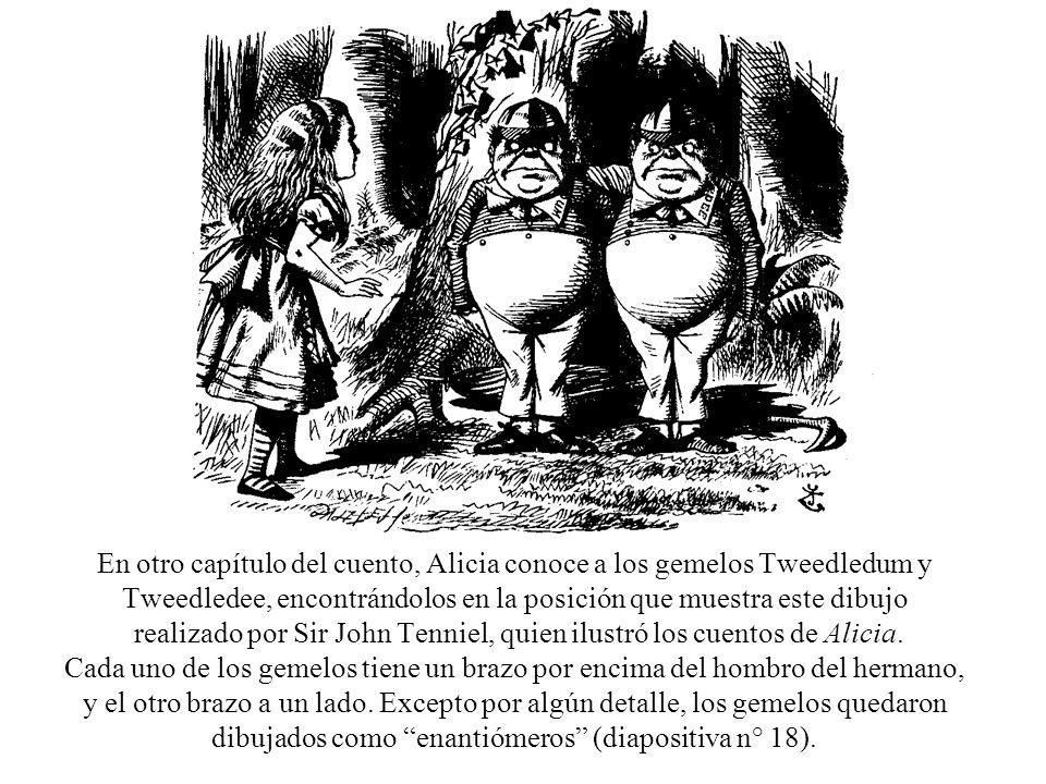 En otro capítulo del cuento, Alicia conoce a los gemelos Tweedledum y Tweedledee, encontrándolos en la posición que muestra este dibujo realizado por Sir John Tenniel, quien ilustró los cuentos de Alicia.