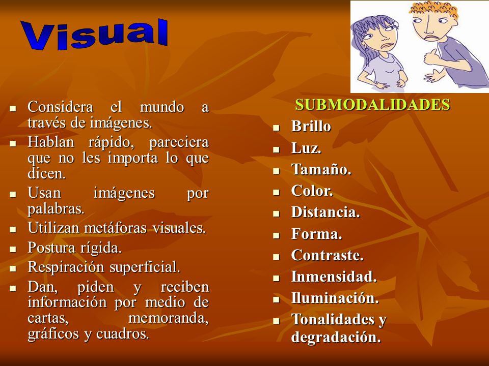 Visual SUBMODALIDADES Brillo Luz. Tamaño. Color. Distancia. Forma.