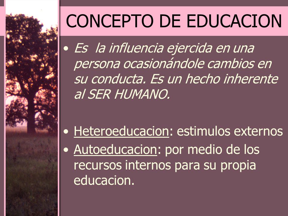 CONCEPTO DE EDUCACION Es la influencia ejercida en una persona ocasionándole cambios en su conducta. Es un hecho inherente al SER HUMANO.