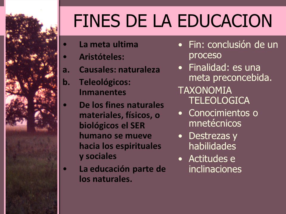 FINES DE LA EDUCACION La meta ultima Aristóteles: Causales: naturaleza
