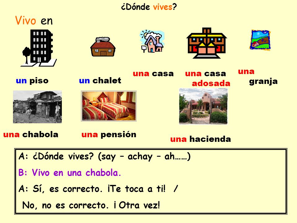 Vivo en A: ¿Dónde vives (say – achay – ah……) B: Vivo en una chabola.