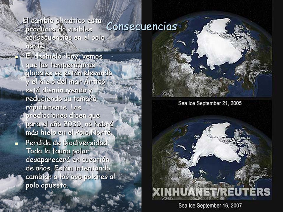 Consecuencias El cambio climático esta produciendo visibles consecuencias en el polo norte: