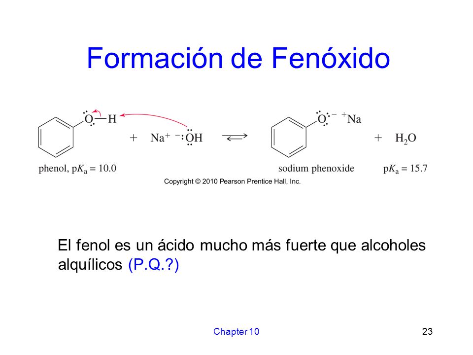 Formación de Fenóxido El fenol es un ácido mucho más fuerte que alcoholes alquílicos (P.Q. ) Chapter 10.