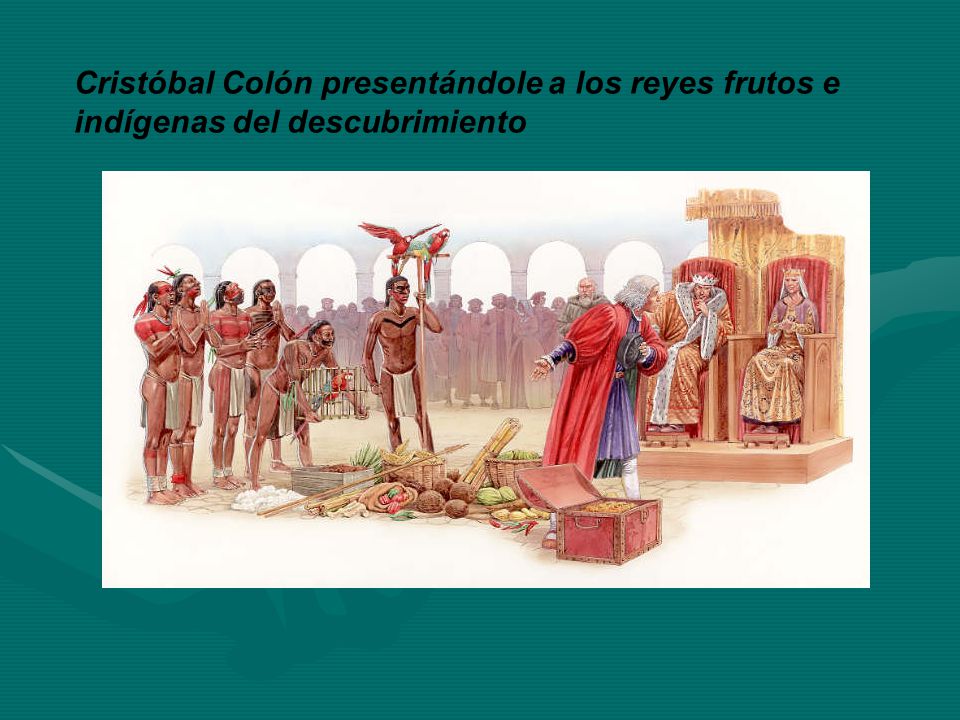 Cristóbal Colón presentándole a los reyes frutos e indígenas del descubrimiento