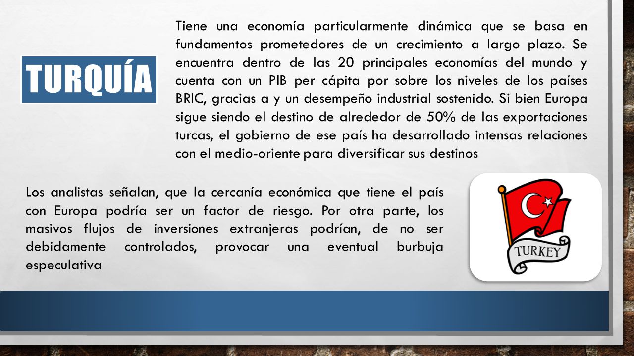 Tiene una economía particularmente dinámica que se basa en fundamentos prometedores de un crecimiento a largo plazo. Se encuentra dentro de las 20 principales economías del mundo y cuenta con un PIB per cápita por sobre los niveles de los países BRIC, gracias a y un desempeño industrial sostenido. Si bien Europa sigue siendo el destino de alrededor de 50% de las exportaciones turcas, el gobierno de ese país ha desarrollado intensas relaciones con el medio-oriente para diversificar sus destinos