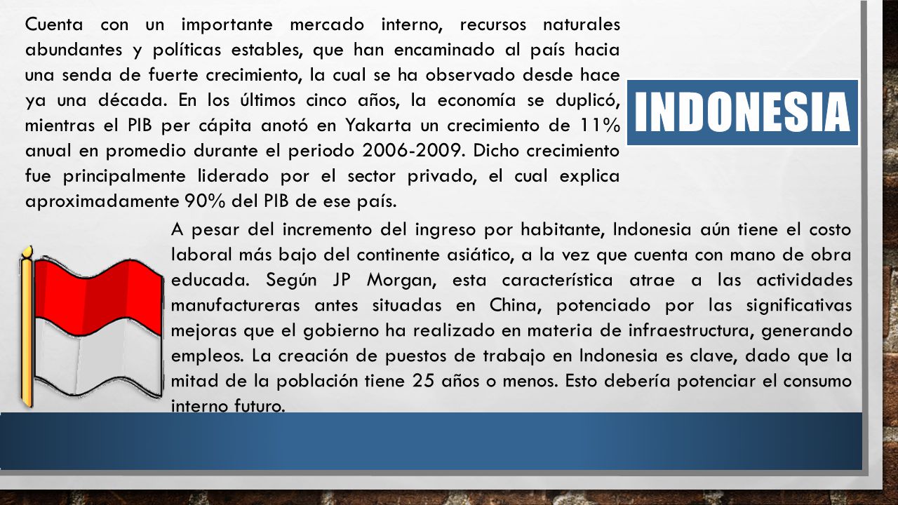 Cuenta con un importante mercado interno, recursos naturales abundantes y políticas estables, que han encaminado al país hacia una senda de fuerte crecimiento, la cual se ha observado desde hace ya una década. En los últimos cinco años, la economía se duplicó, mientras el PIB per cápita anotó en Yakarta un crecimiento de 11% anual en promedio durante el periodo Dicho crecimiento fue principalmente liderado por el sector privado, el cual explica aproximadamente 90% del PIB de ese país.