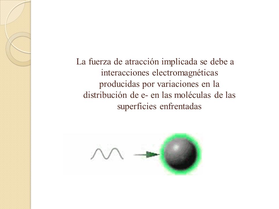 La fuerza de atracción implicada se debe a interacciones electromagnéticas producidas por variaciones en la distribución de e- en las moléculas de las superficies enfrentadas