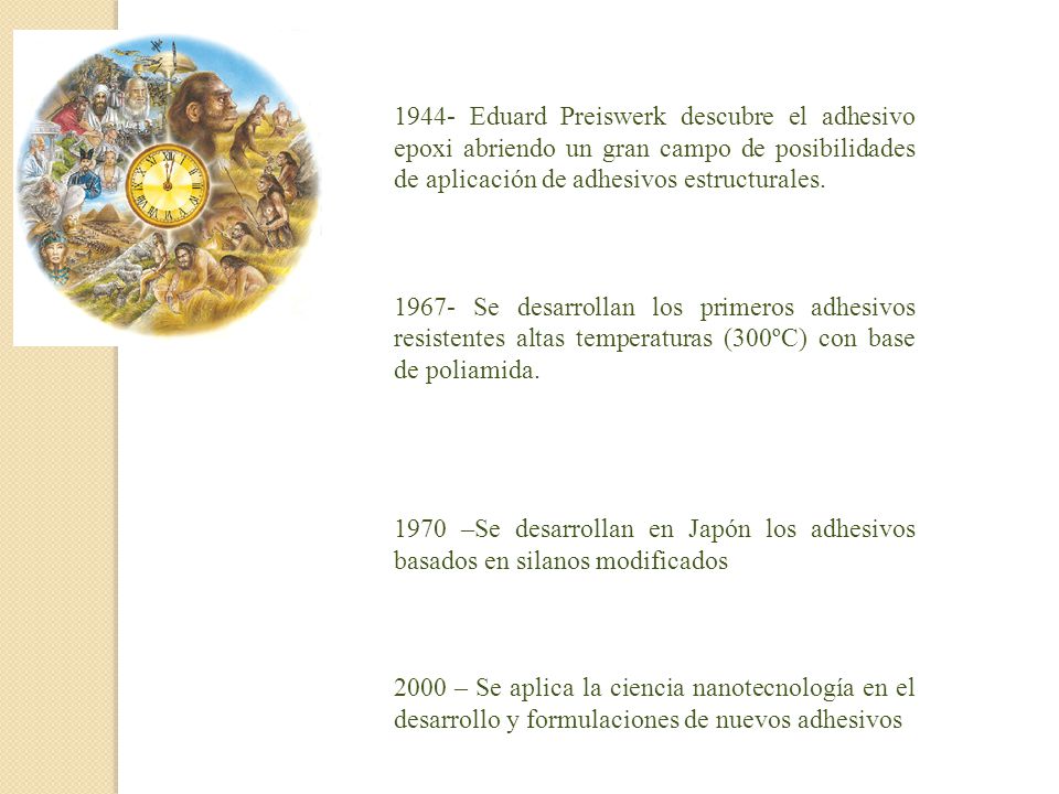 1944- Eduard Preiswerk descubre el adhesivo epoxi abriendo un gran campo de posibilidades de aplicación de adhesivos estructurales.