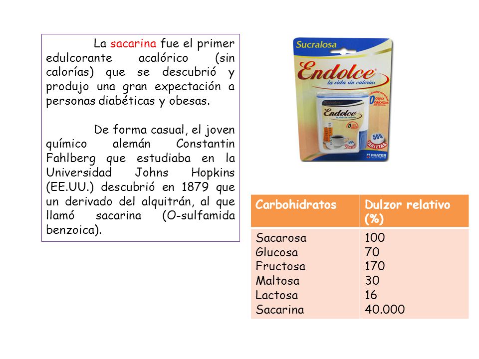La sacarina fue el primer edulcorante acalórico (sin calorías) que se descubrió y produjo una gran expectación a personas diabéticas y obesas.