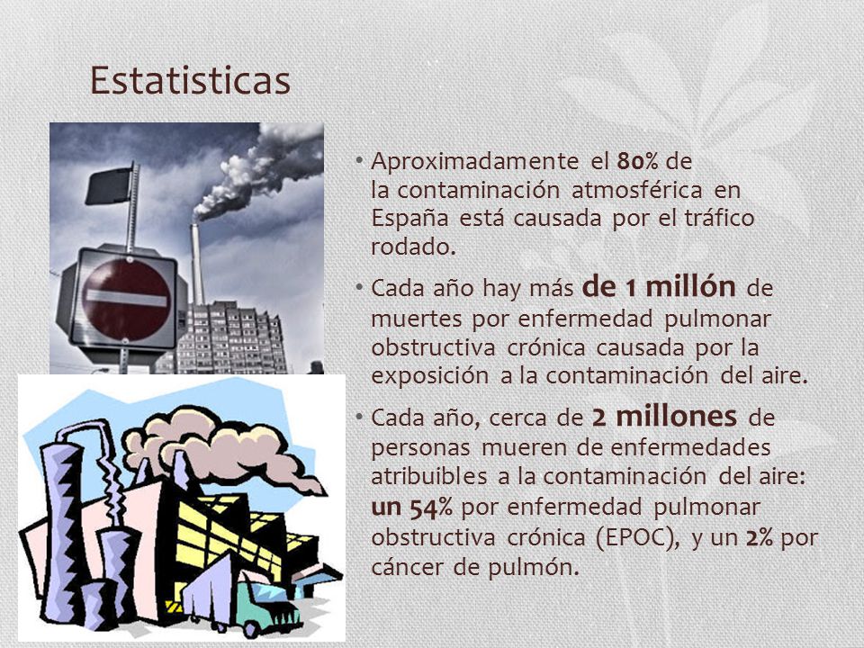 Estatisticas Aproximadamente el 80% de la contaminación atmosférica en España está causada por el tráfico rodado.