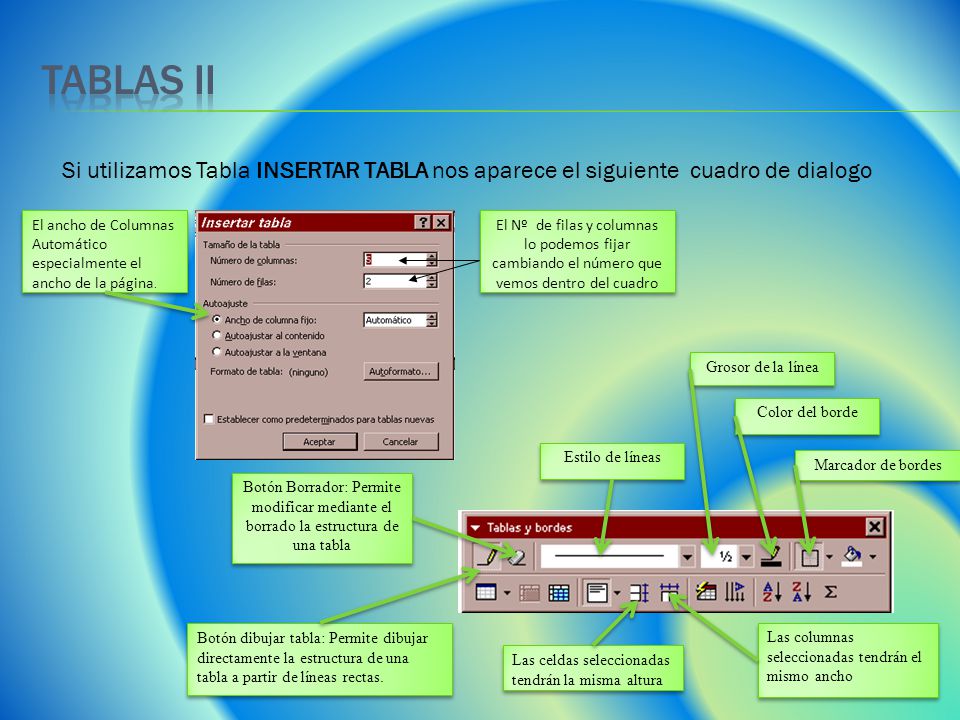 Tablas ii Si utilizamos Tabla INSERTAR TABLA nos aparece el siguiente cuadro de dialogo.