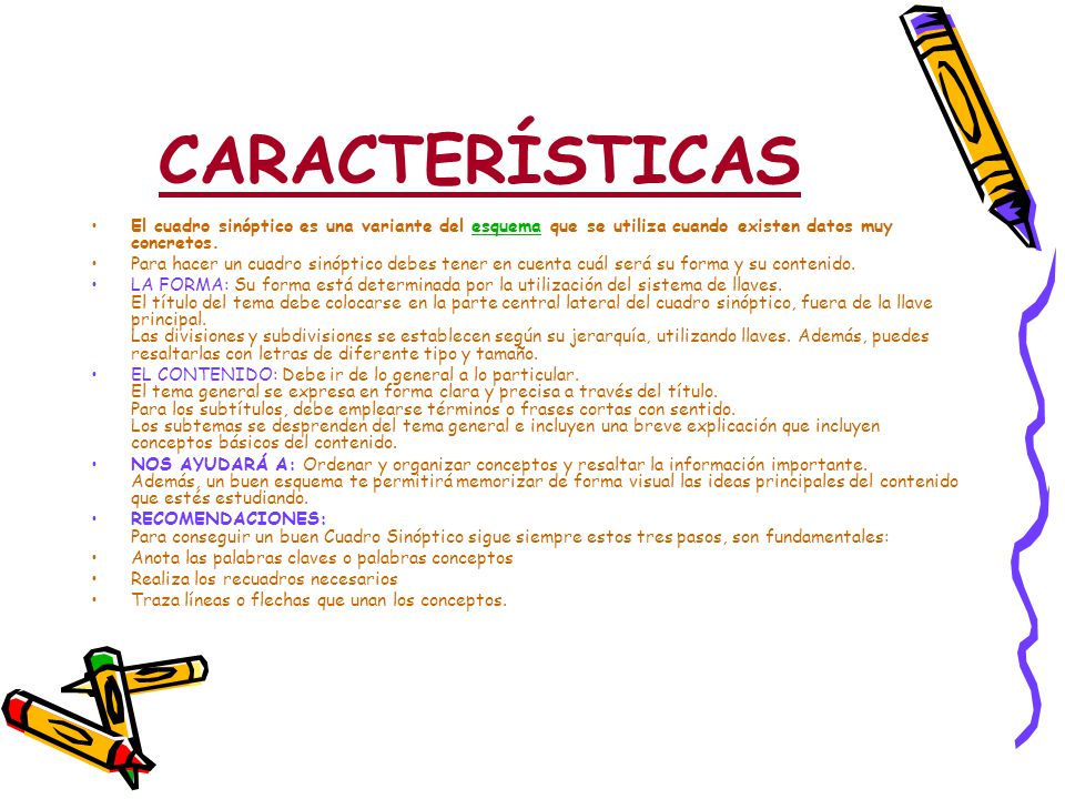 CARACTERÍSTICAS El cuadro sinóptico es una variante del esquema que se utiliza cuando existen datos muy concretos.