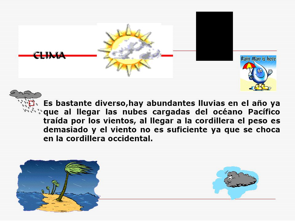 Es bastante diverso,hay abundantes lluvias en el año ya que al llegar las nubes cargadas del océano Pacífico traída por los vientos, al llegar a la cordillera el peso es demasiado y el viento no es suficiente ya que se choca en la cordillera occidental.