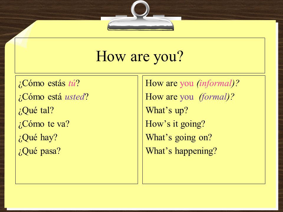 How are you ¿Cómo estás tú ¿Cómo está usted ¿Qué tal ¿Cómo te va ¿Qué hay ¿Qué pasa