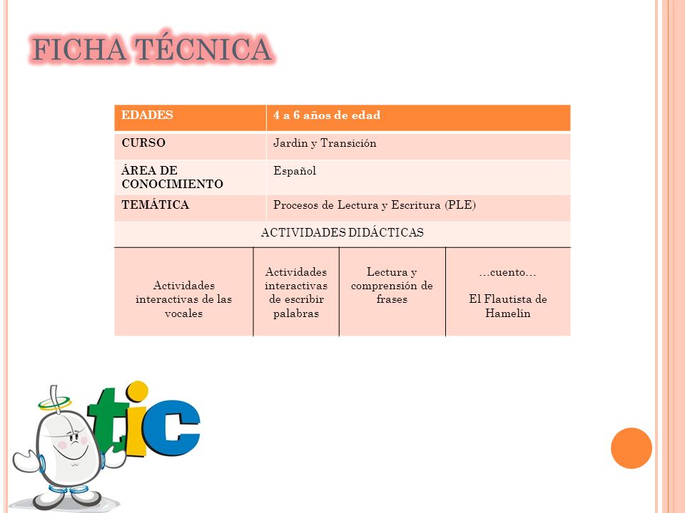 FICHA TÉCNICA EDADES 4 a 6 años de edad CURSO Jardín y Transición