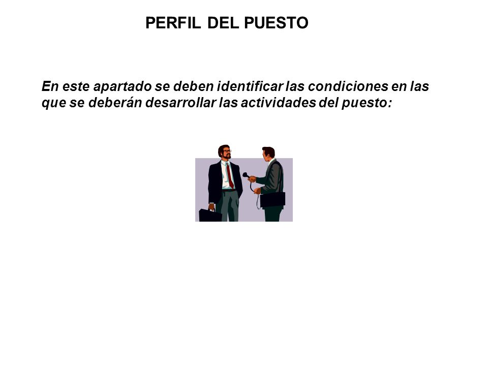 PERFIL DEL PUESTO En este apartado se deben identificar las condiciones en las que se deberán desarrollar las actividades del puesto: