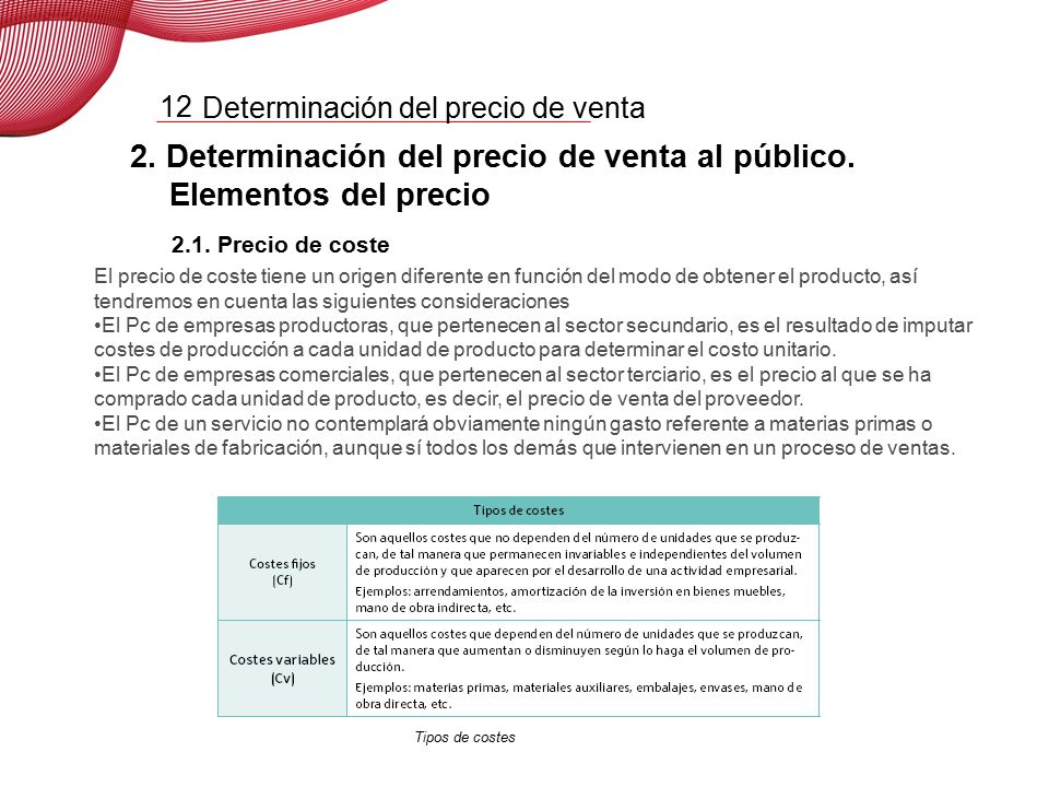 2. Determinación del precio de venta al público. Elementos del precio