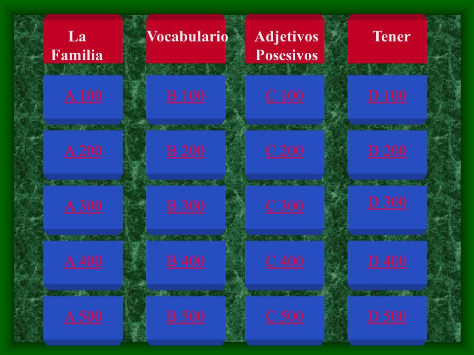 La Familia Vocabulario. Adjetivos Posesivos. Tener. A 100. B 100. C 100. D 100. A 200. B 200.