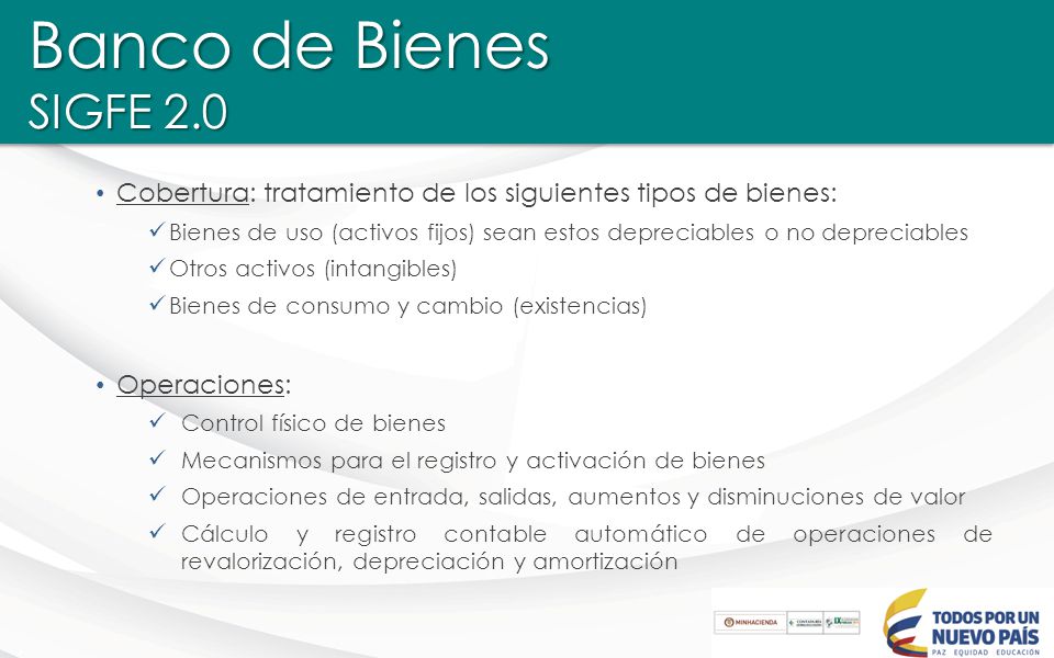 Banco de Bienes SIGFE 2.0 Cobertura: tratamiento de los siguientes tipos de bienes: