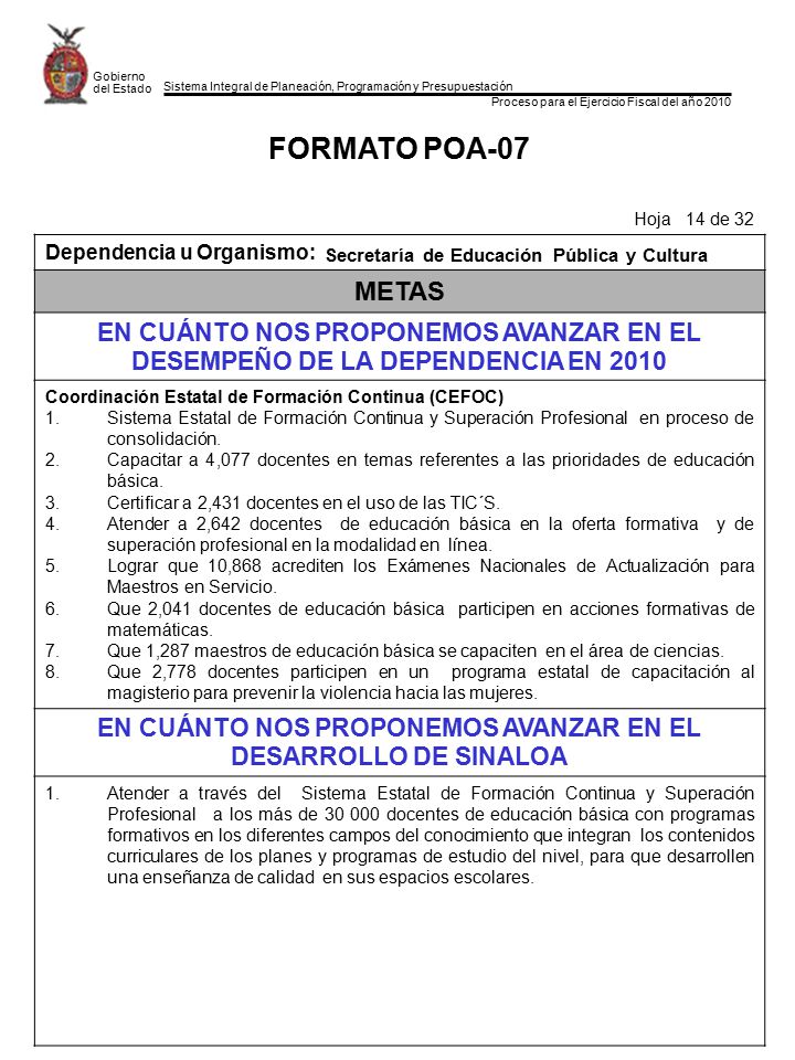 EN CUÁNTO NOS PROPONEMOS AVANZAR EN EL DESARROLLO DE SINALOA
