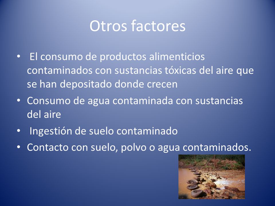 Otros factores El consumo de productos alimenticios contaminados con sustancias tóxicas del aire que se han depositado donde crecen.