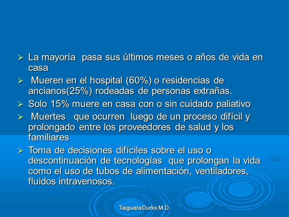 La mayoría pasa sus últimos meses o años de vida en casa