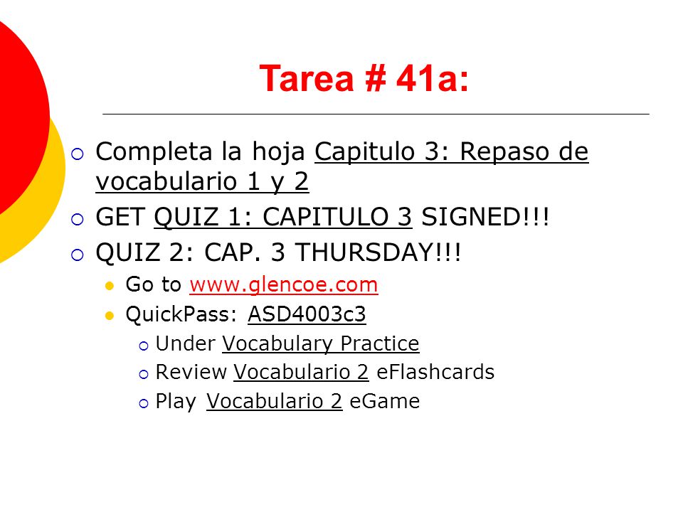 Tarea # 41a: Completa la hoja Capitulo 3: Repaso de vocabulario 1 y 2
