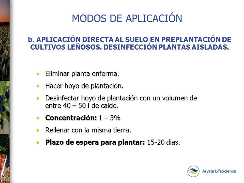 MODOS DE APLICACIÓN b. APLICACIÓN DIRECTA AL SUELO EN PREPLANTACIÓN DE CULTIVOS LEÑOSOS. DESINFECCIÓN PLANTAS AISLADAS.