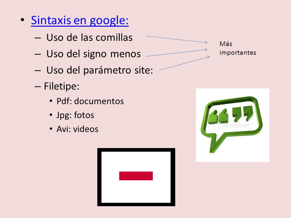 Sintaxis en google: Uso de las comillas Uso del signo menos