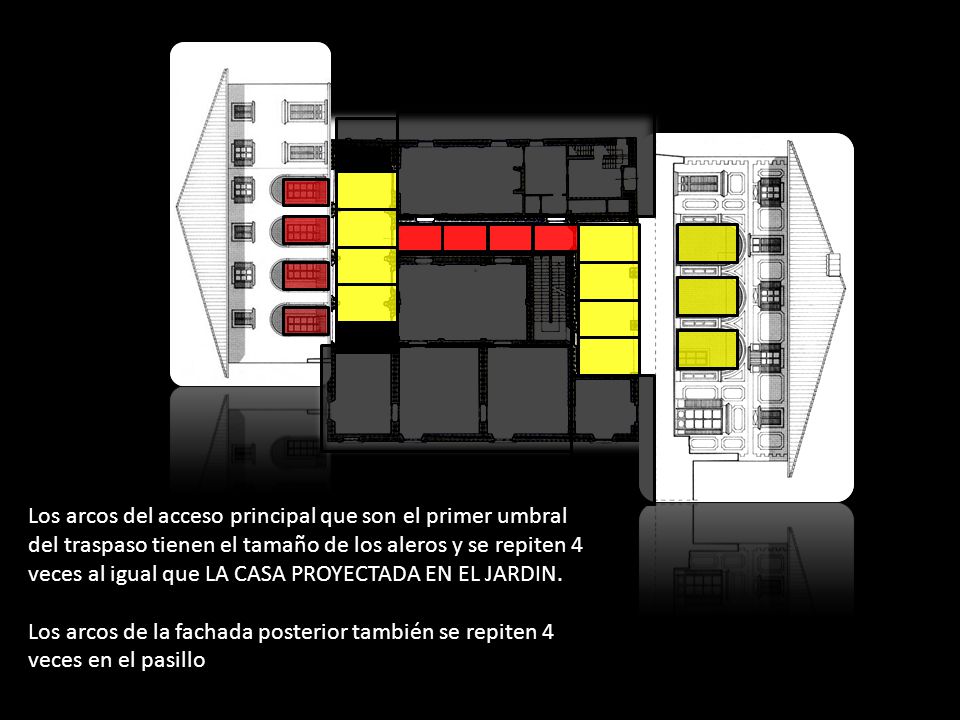 Los arcos del acceso principal que son el primer umbral del traspaso tienen el tamaño de los aleros y se repiten 4 veces al igual que LA CASA PROYECTADA EN EL JARDIN.