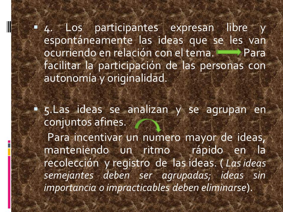 4. Los participantes expresan libre y espontáneamente las ideas que se les van ocurriendo en relación con el tema. Para facilitar la participación de las personas con autonomía y originalidad.