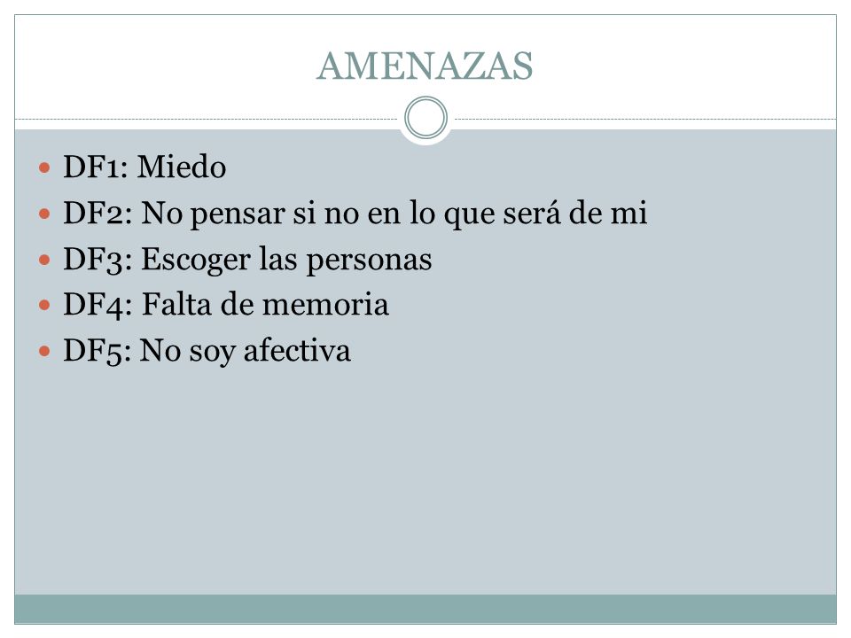 AMENAZAS DF1: Miedo DF2: No pensar si no en lo que será de mi