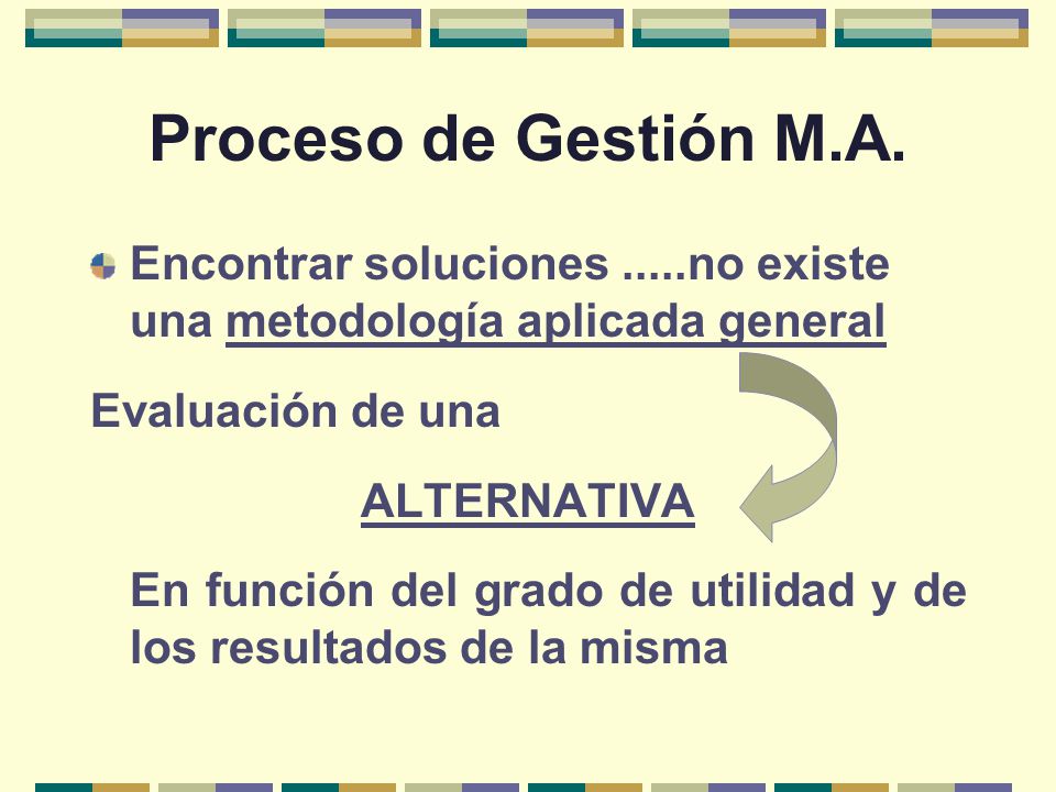 Proceso de Gestión M.A. Encontrar soluciones .....no existe una metodología aplicada general. Evaluación de una.