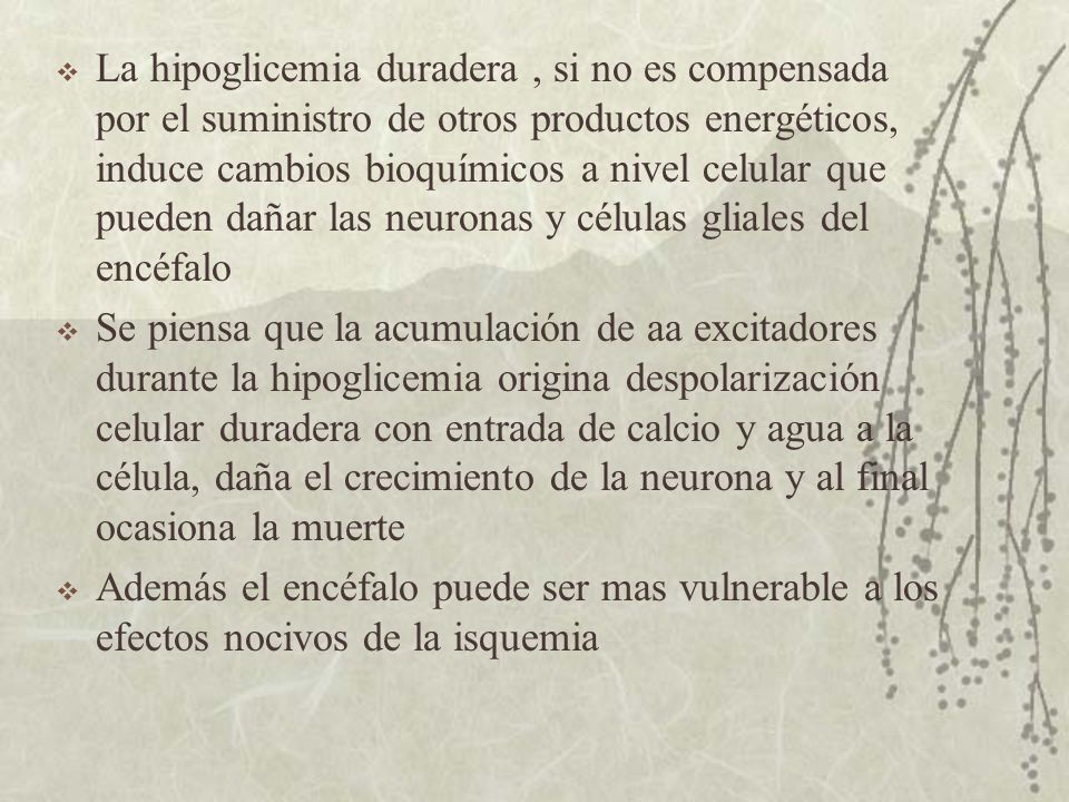 La hipoglicemia duradera , si no es compensada por el suministro de otros productos energéticos, induce cambios bioquímicos a nivel celular que pueden dañar las neuronas y células gliales del encéfalo