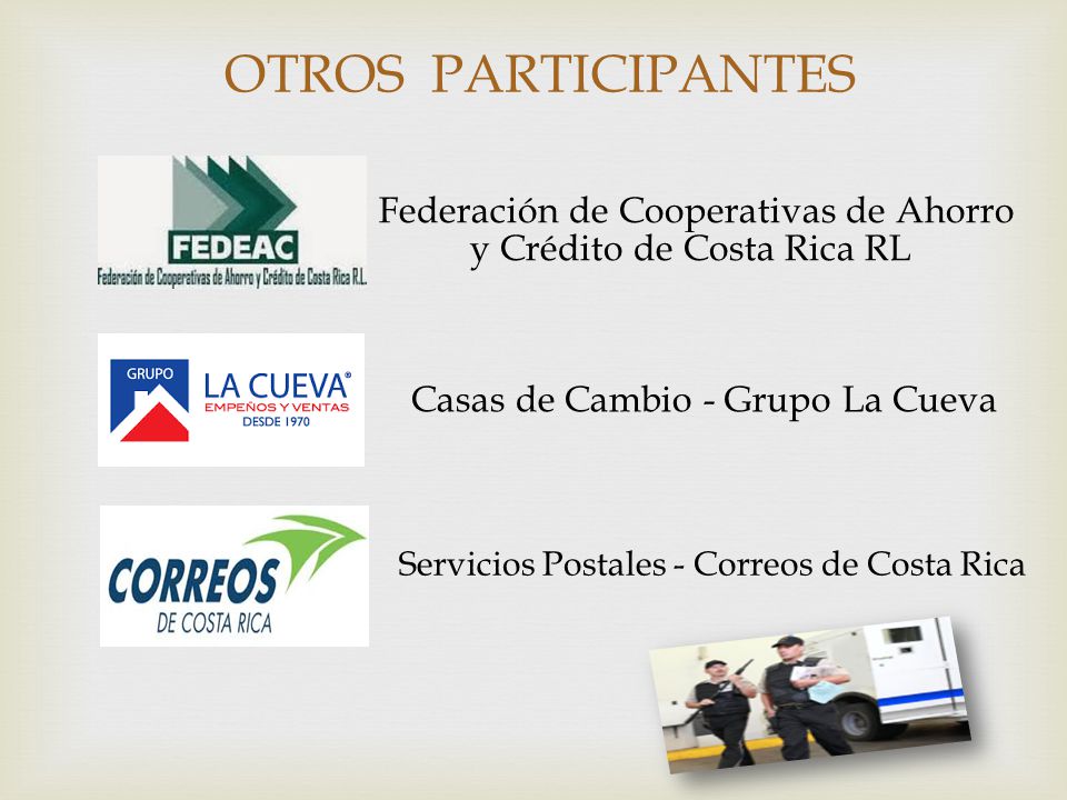 OTROS PARTICIPANTES Federación de Cooperativas de Ahorro y Crédito de Costa Rica RL. Casas de Cambio - Grupo La Cueva.