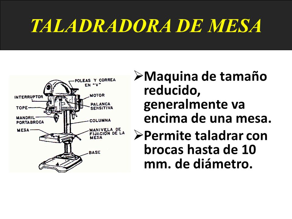 TALADRADORA DE MESA Maquina de tamaño reducido, generalmente va encima de una mesa.