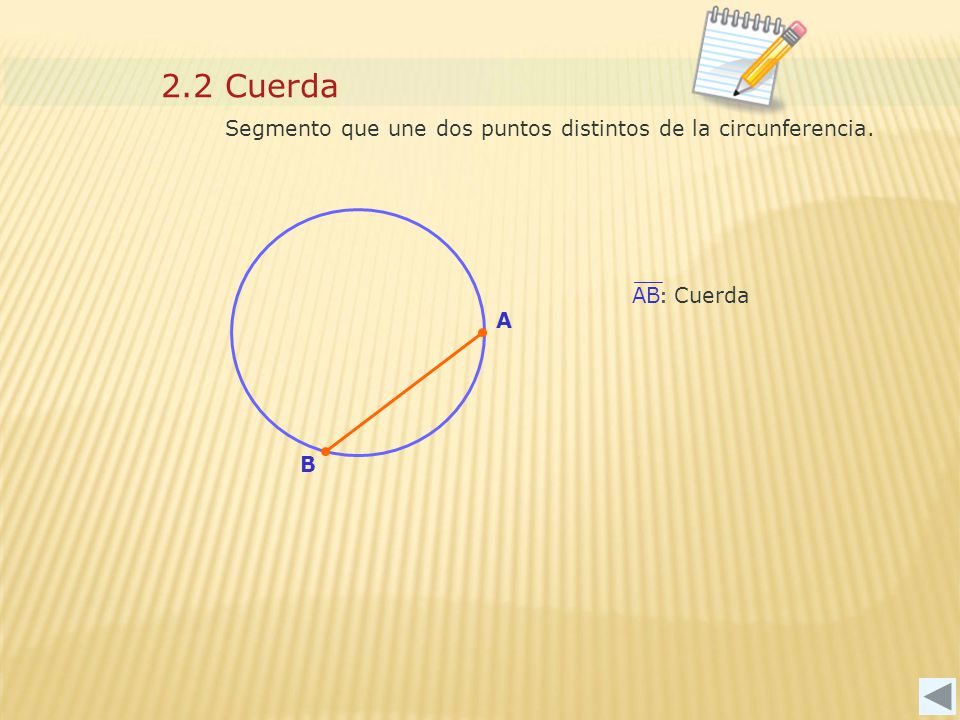 2.2 Cuerda Segmento que une dos puntos distintos de la circunferencia.