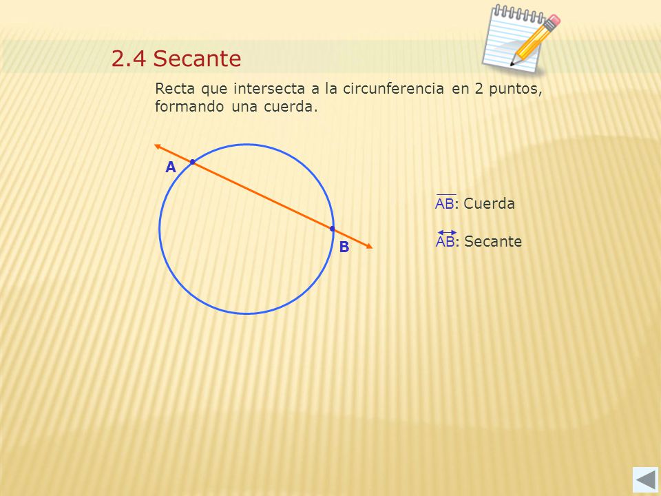 2.4 Secante Recta que intersecta a la circunferencia en 2 puntos, formando una cuerda. A. B. • AB: Cuerda.