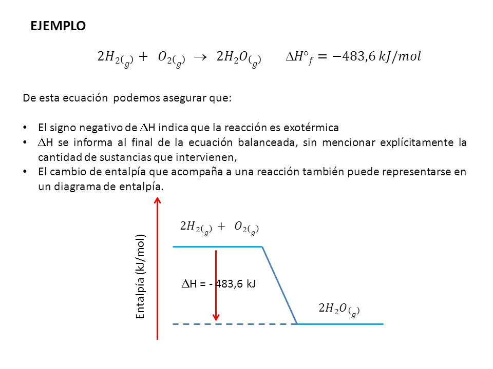 EJEMPLO 2𝐻2 𝑔 + 𝑂2 𝑔  2𝐻2𝑂 𝑔 𝐻°𝑓=−483,6 𝑘𝐽/𝑚𝑜𝑙