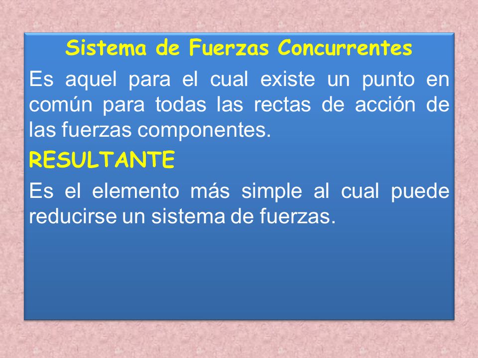 Sistema de Fuerzas Concurrentes Es aquel para el cual existe un punto en común para todas las rectas de acción de las fuerzas componentes.