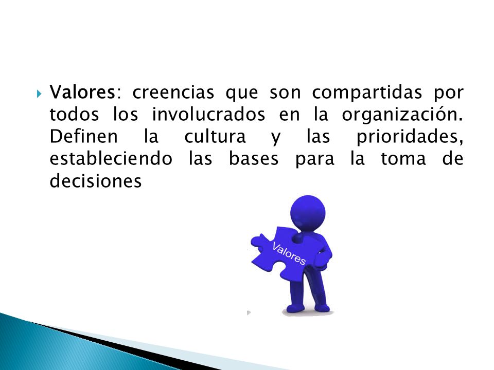 Valores: creencias que son compartidas por todos los involucrados en la organización.