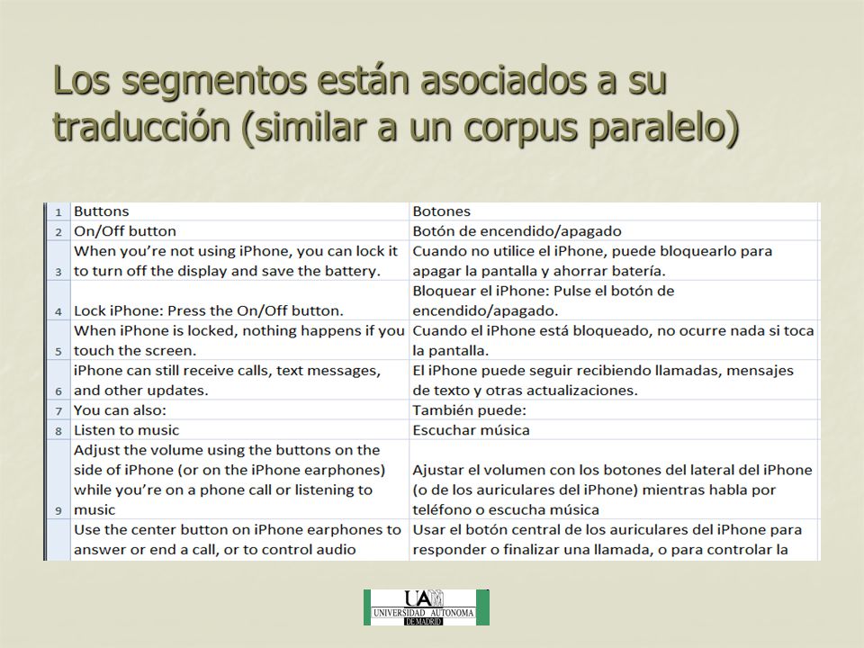 Los segmentos están asociados a su traducción (similar a un corpus paralelo)
