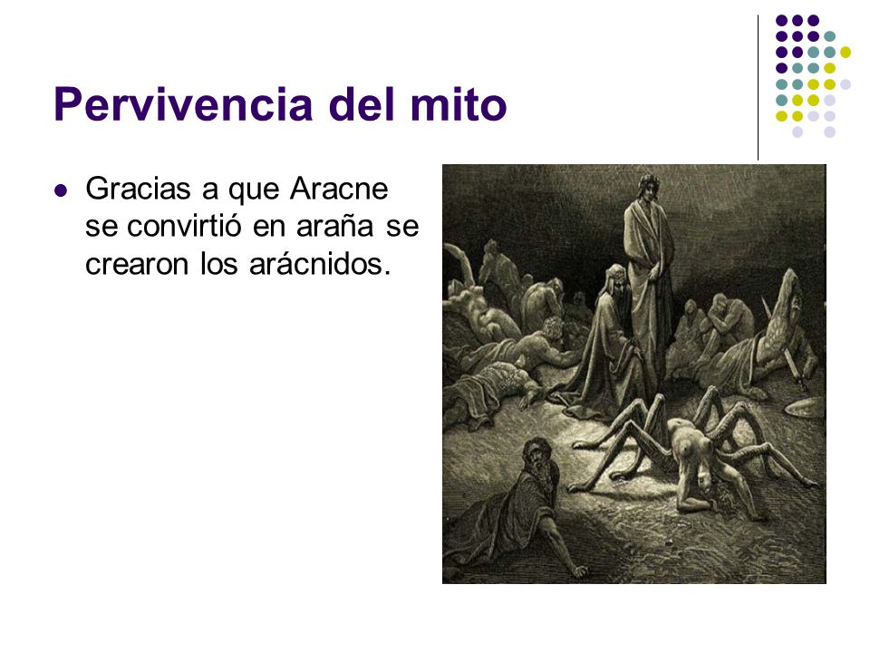 Pervivencia del mito Gracias a que Aracne se convirtió en araña se crearon los arácnidos.